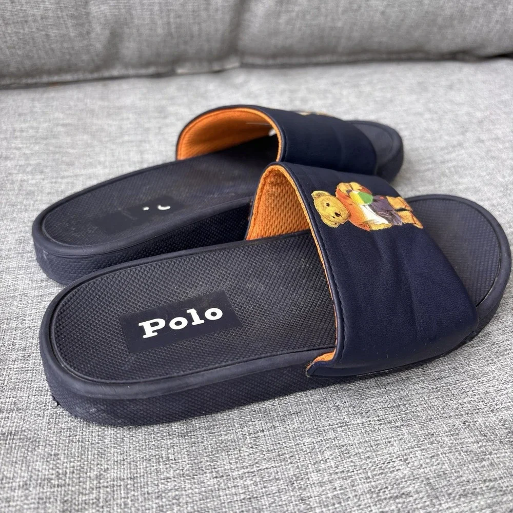 POLO Ralph Lauren Little Boy's Cayson-Bear Slides Blue Sandals Beach Sz 12